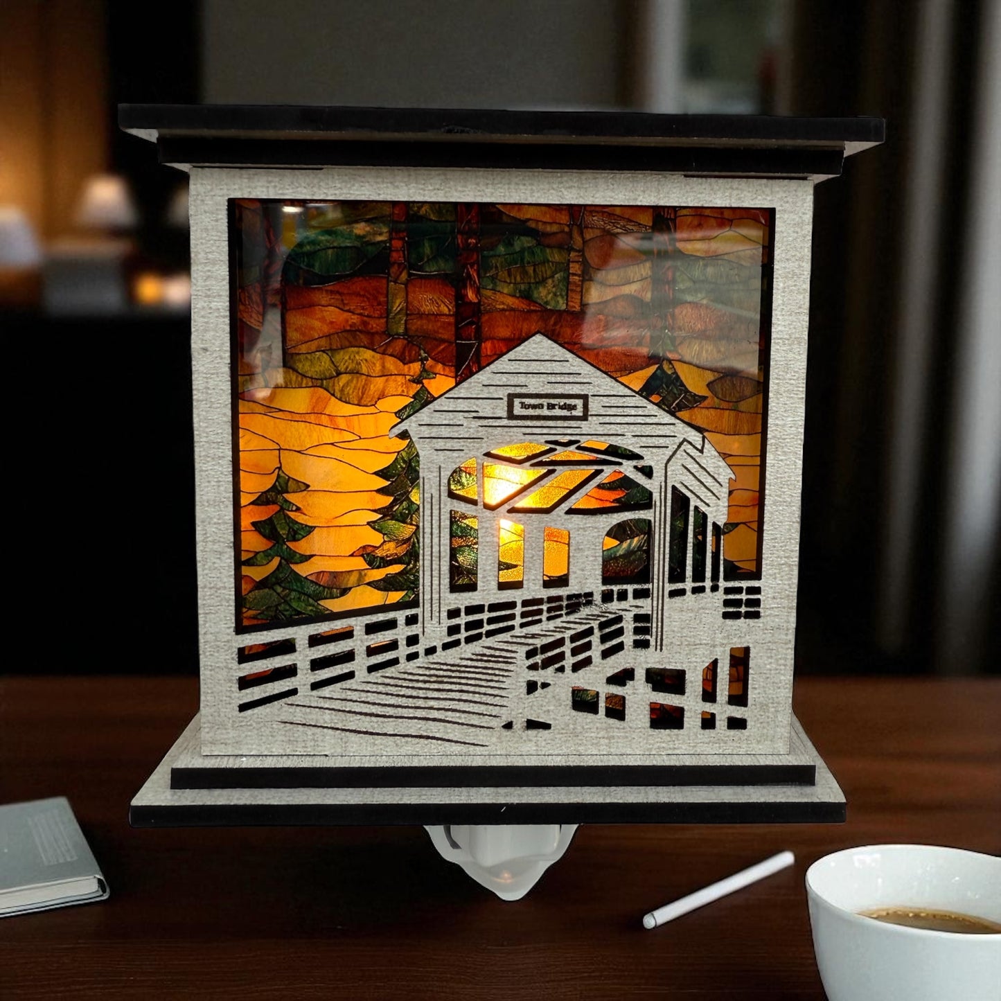Covered Bridge Stained Glass Night Light – Handcrafted Laser-Cut Wooden Accent Night Light
